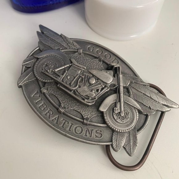 Vintage Bergamot pewter buckle with motorcycle